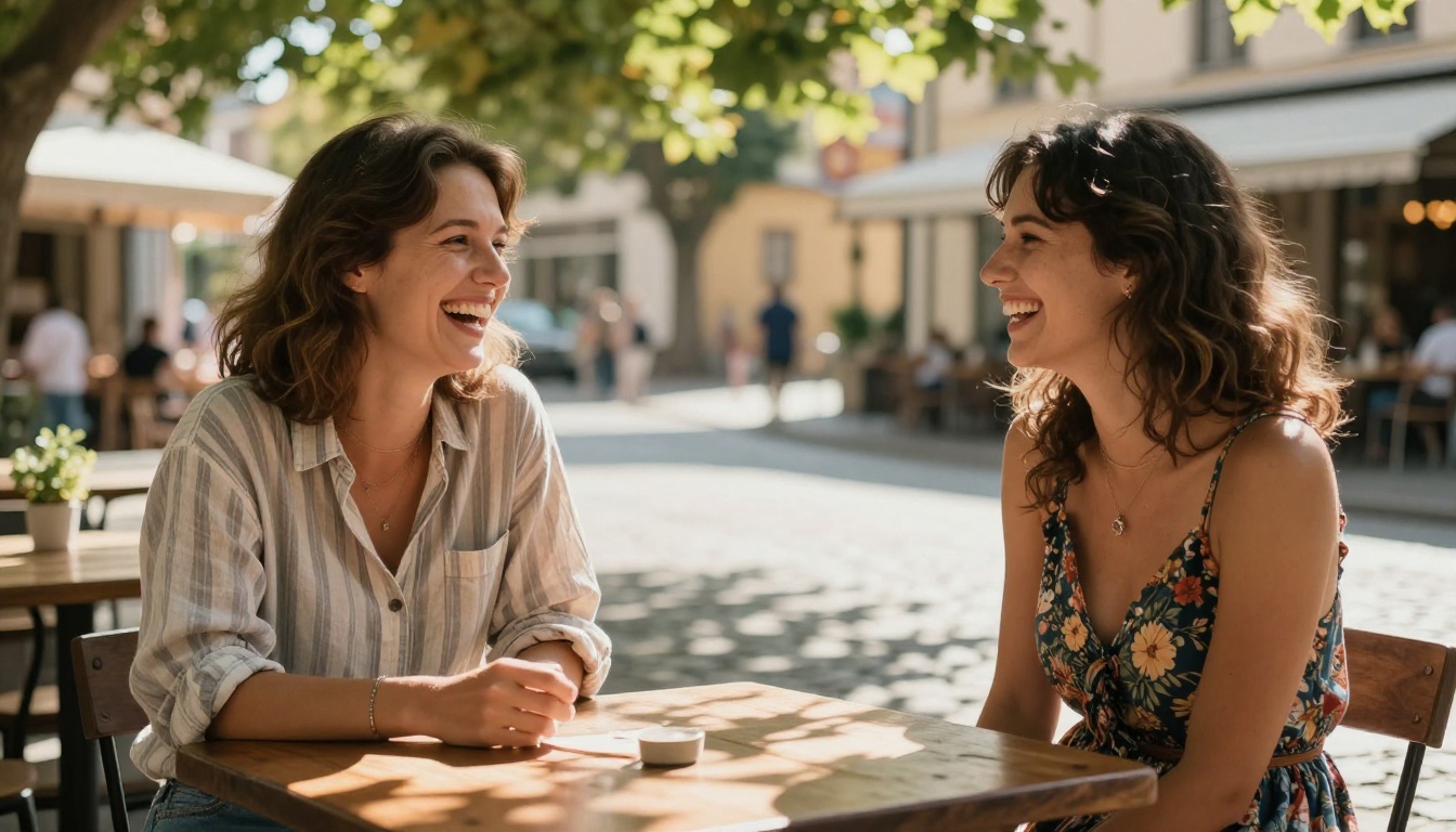 Two women laughing together at an outdoor European cafe terrace with dappled afternoon sunlight filtering through trees and a blurred street bokeh background