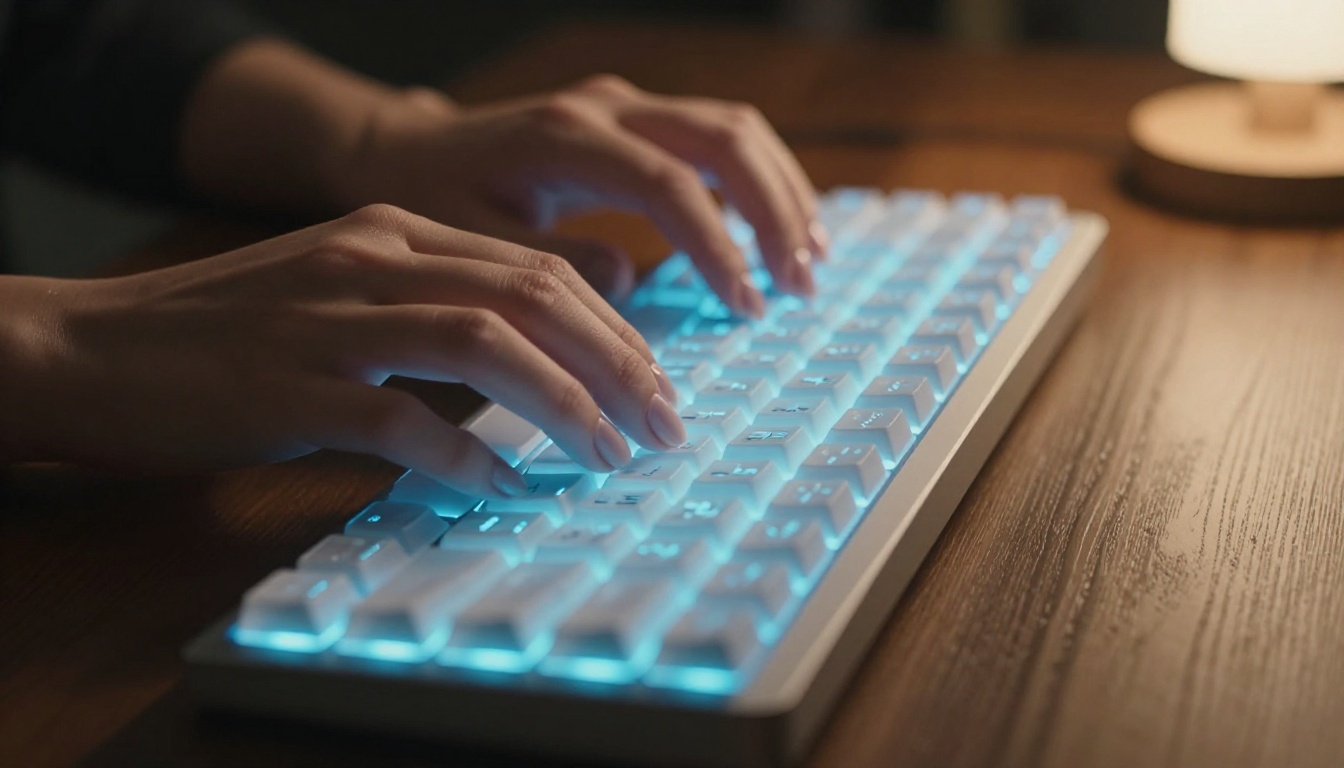 Creative professional typing AI image prompts on a mechanical keyboard in a dimly lit workspace