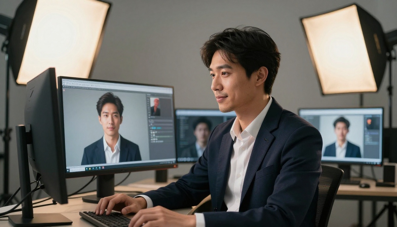 AI engineer reviewing generated portrait images on a professional monitor in a photography studio