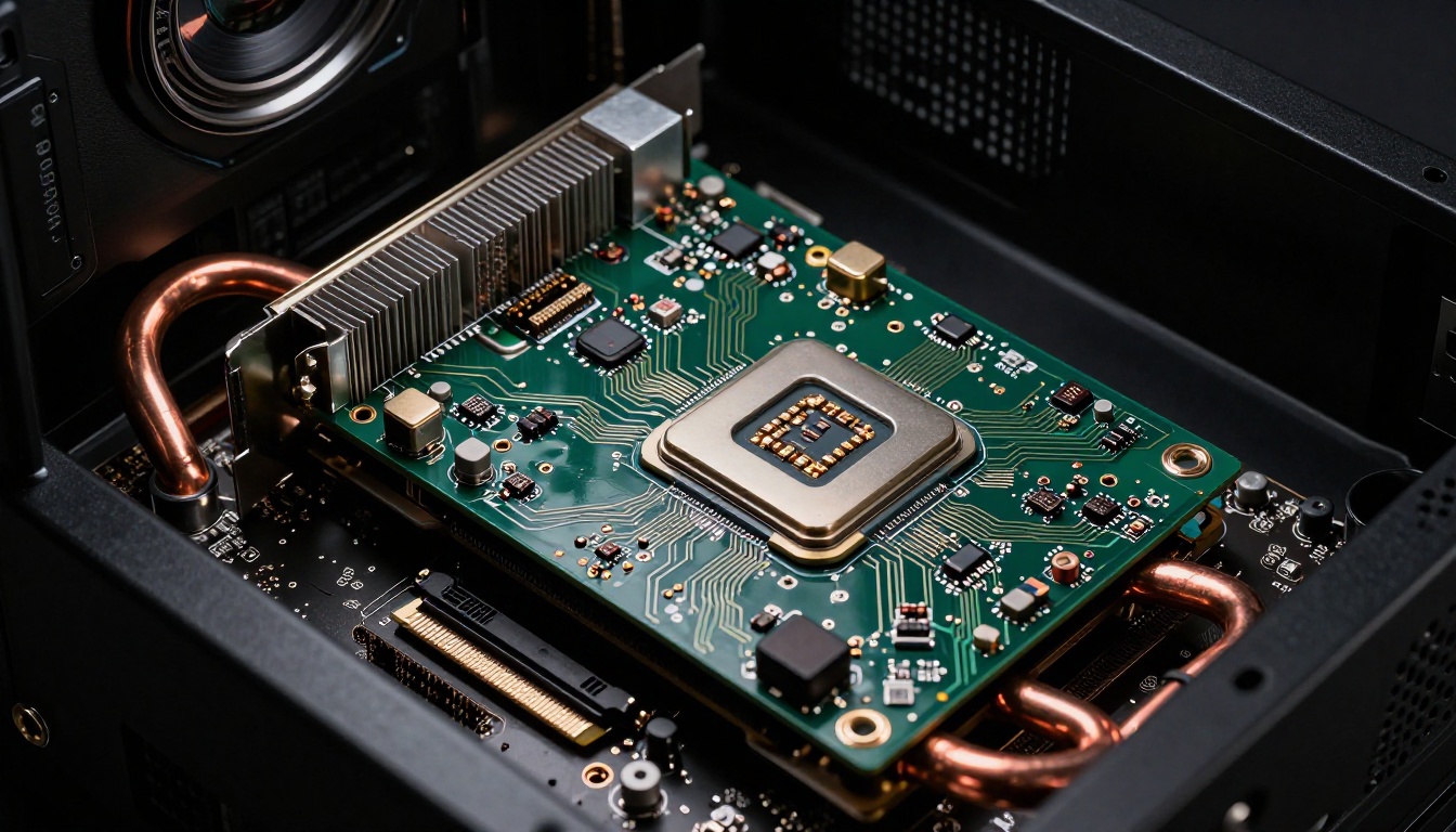 High-end GPU hardware close-up showing heat sink fins and circuit board detail in sharp focus