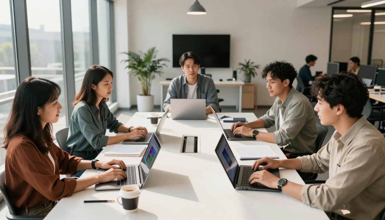 Diverse team of creative professionals collaborating around a conference table with laptops and tablets