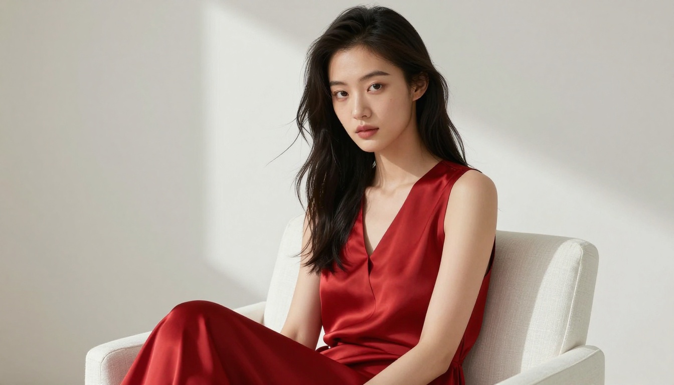 Stunning photorealistic portrait of a young woman in crimson silk dress demonstrating AI output quality