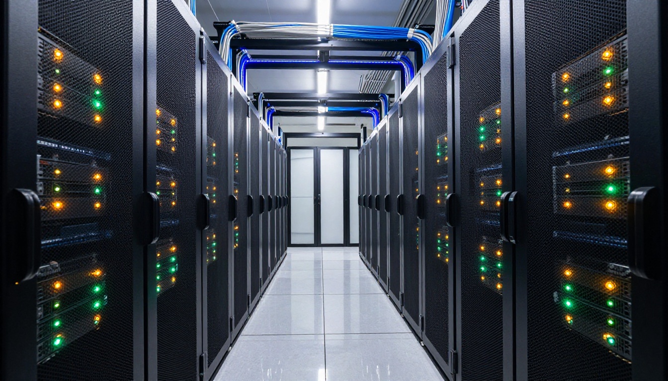 Modern enterprise data center server corridor with structured cable management and indicator lights