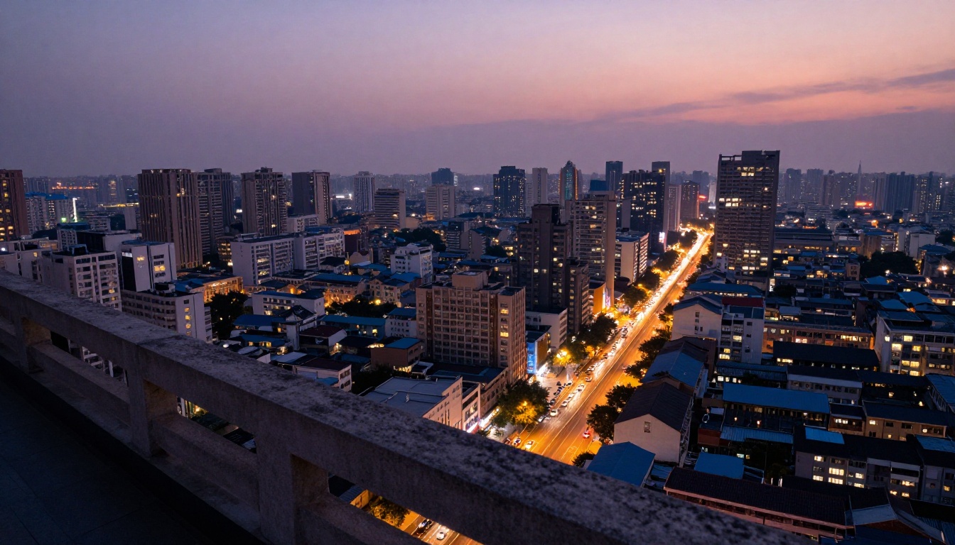 Dense East Asian metropolis at twilight photographed from a high rooftop vantage point with vehicle light trails below
