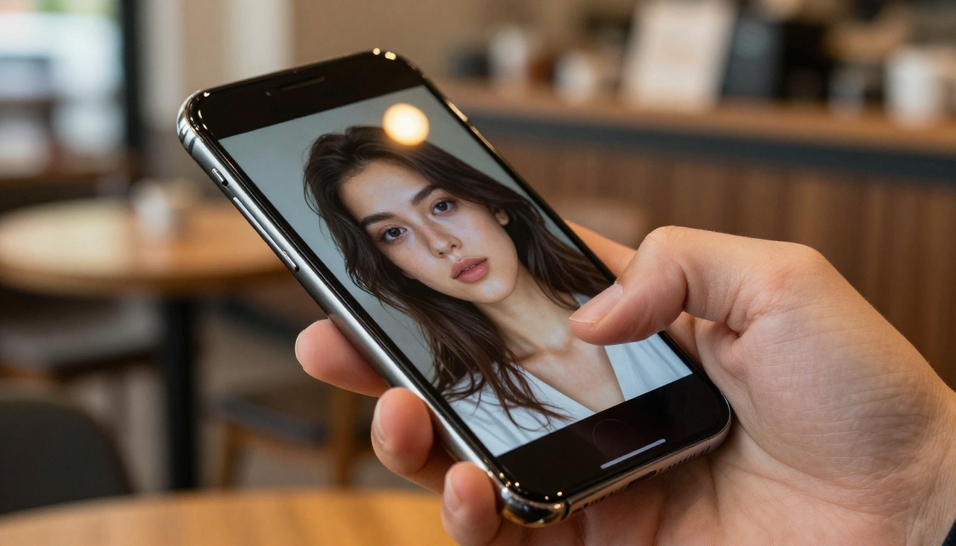 Smartphone screen showing a beautiful AI-generated portrait held in hand at a café
