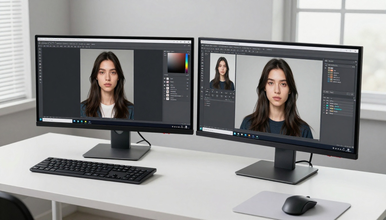 Side-by-side dual monitor setup showing AI-generated image comparison outputs for quality evaluation