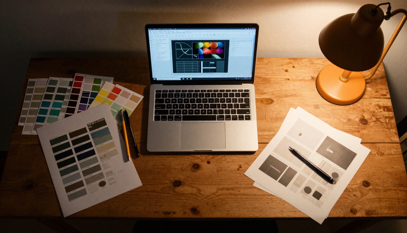 Aerial overhead shot of a graphic designer's desk with Pantone swatches, pencils, and printed mock-ups Aerial overhead shot of a graphic designer's desk with Pantone swatches, pencils, and printed mock-ups
