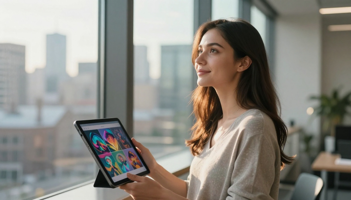Young woman holding a tablet with colorful AI-generated images near a floor-to-ceiling glass window in a modern creative agency Young woman holding a tablet with colorful AI-generated images near a floor-to-ceiling glass window in a modern creative agency