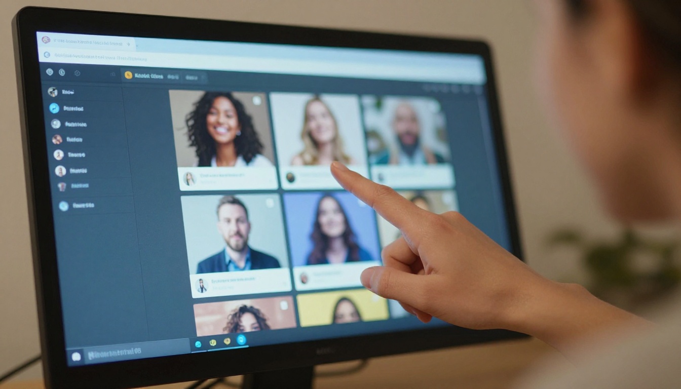 Close-up of a woman's hand pointing at a high-resolution monitor displaying a social media mockup with vivid colors Close-up of a woman's hand pointing at a high-resolution monitor displaying a social media mockup with vivid colors