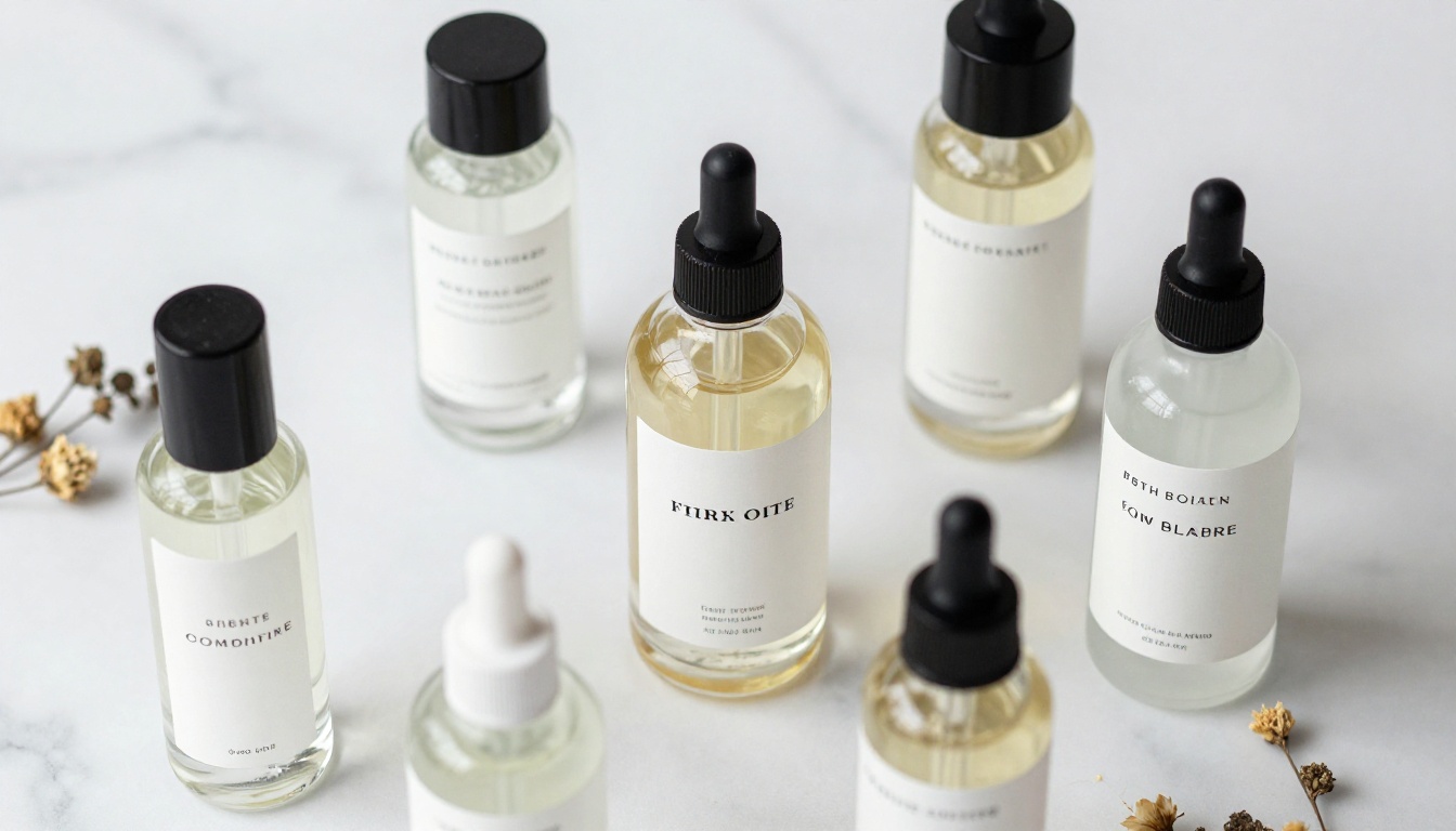 Flatlay of artisan skincare bottles with clear serif typography labels arranged on white marble Flatlay of artisan skincare bottles with clear serif typography labels arranged on white marble