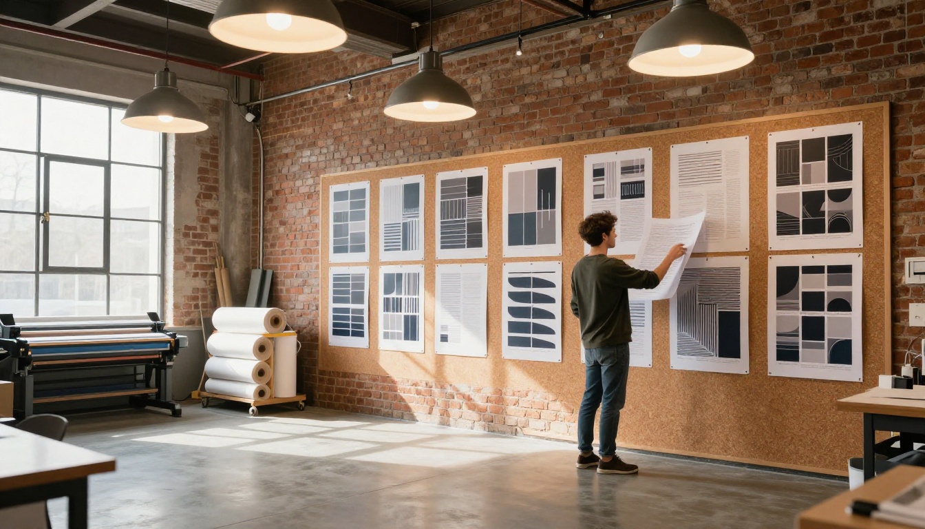 Wide interior of a print design studio with exposed brick walls and large format printed posters