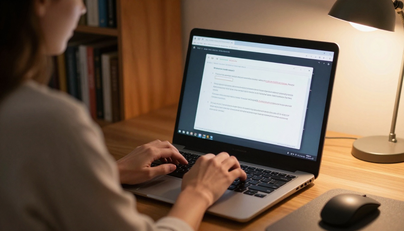 Over-the-shoulder shot of a woman typing on a mechanical keyboard with a glowing screen in a cozy home office
