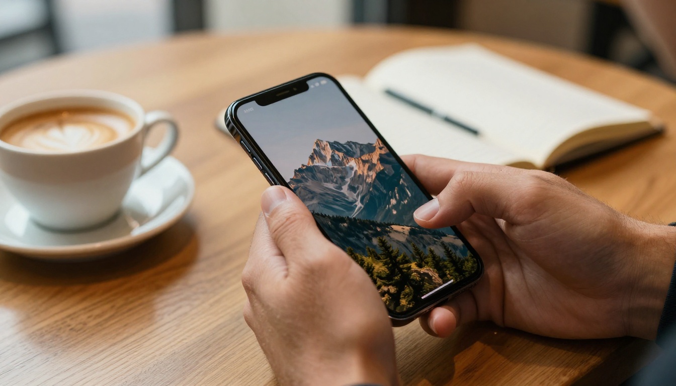 Man's hands holding smartphone showing AI-generated landscape in café
