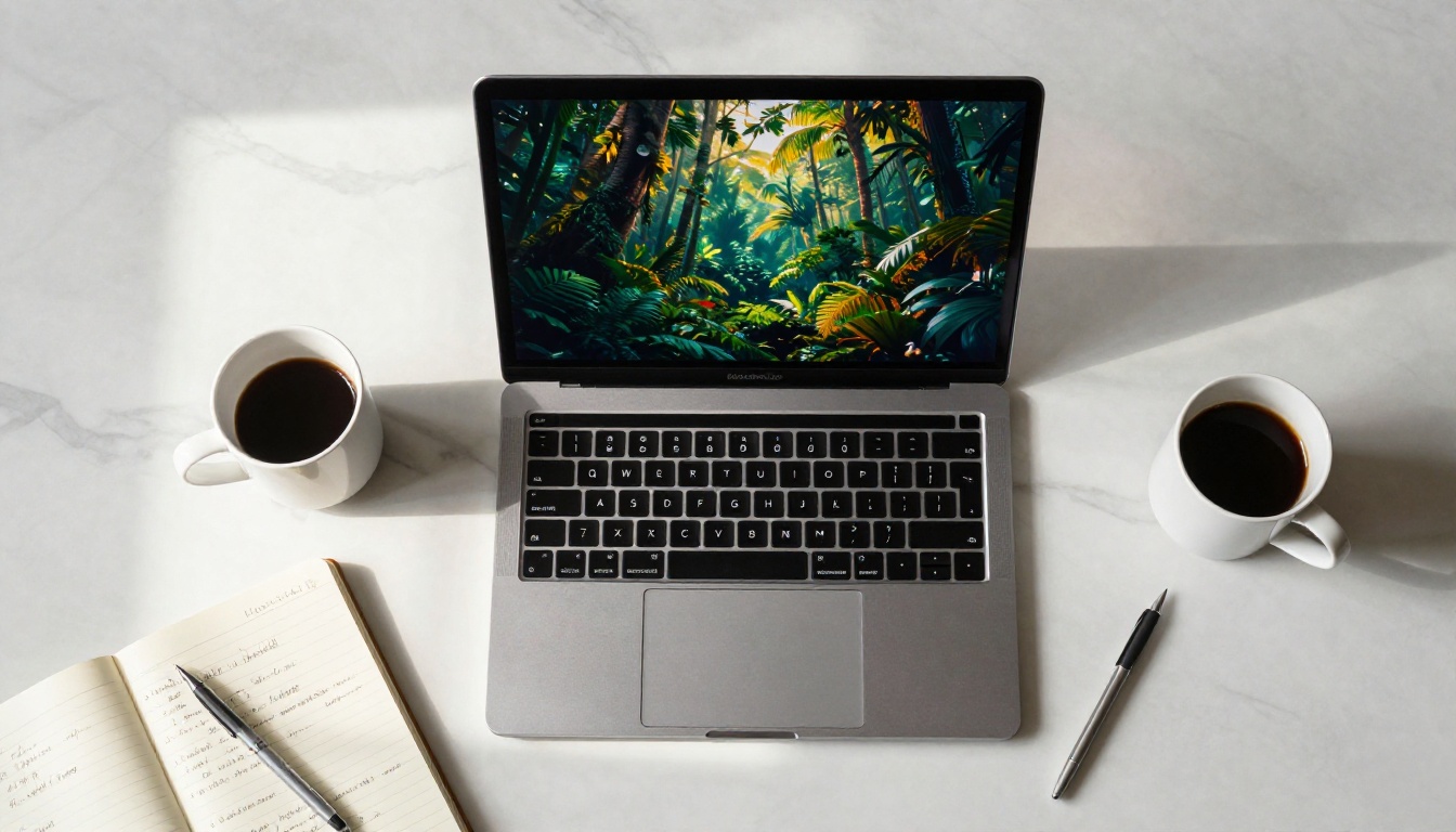 Flat lay MacBook with AI-generated image and notebook on marble desk