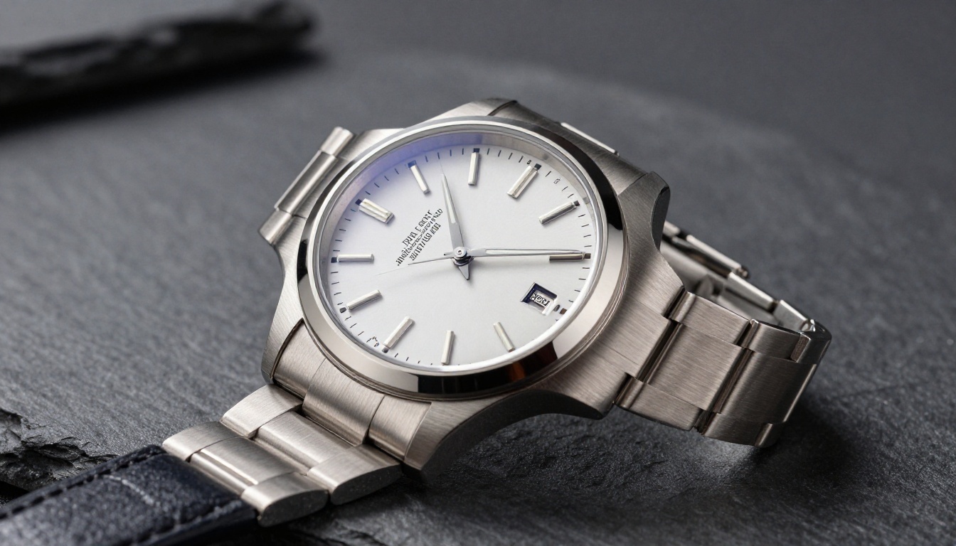 Luxury watch product photography on dark slate, studio lighting