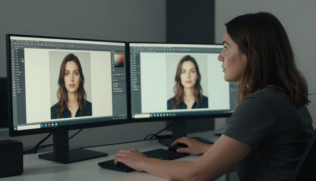 Woman designer comparing two AI-generated images on dual monitors