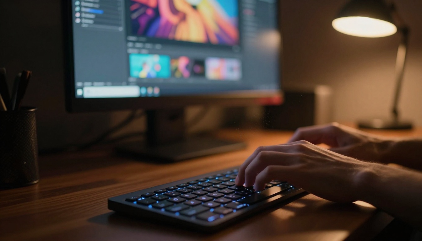 Close-up of fingers typing on keyboard with image generation interface glowing in background