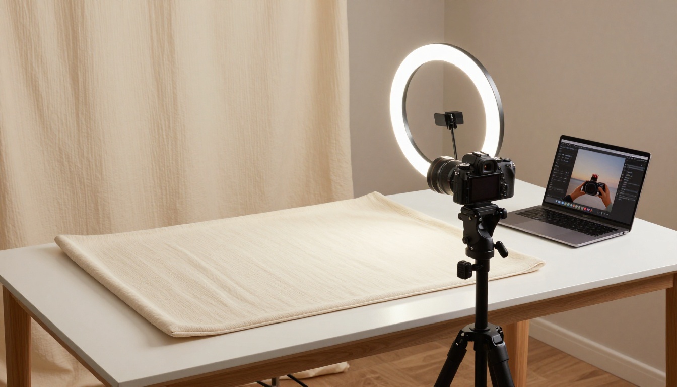 Social media content creation studio setup with camera, ring light, and laptop