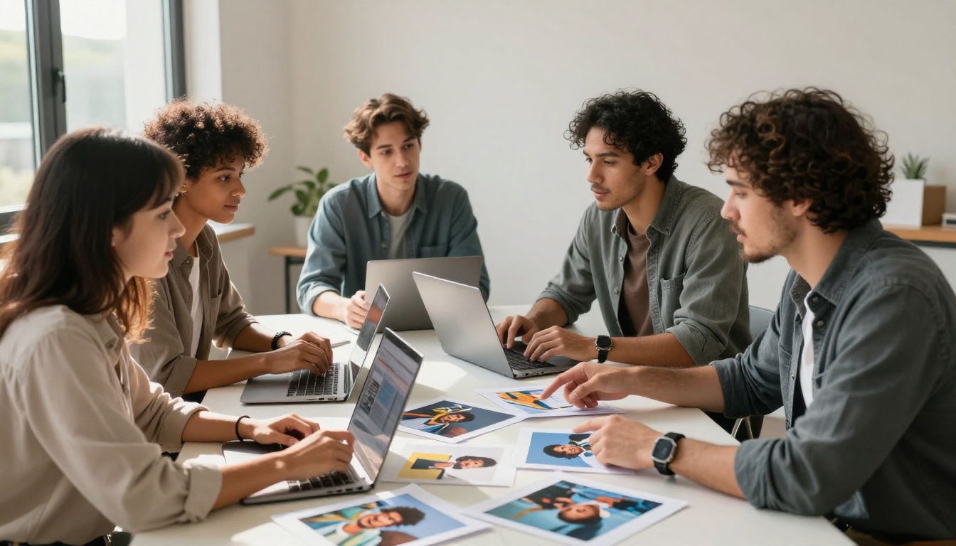 Marketing team around conference table reviewing printed AI-generated images