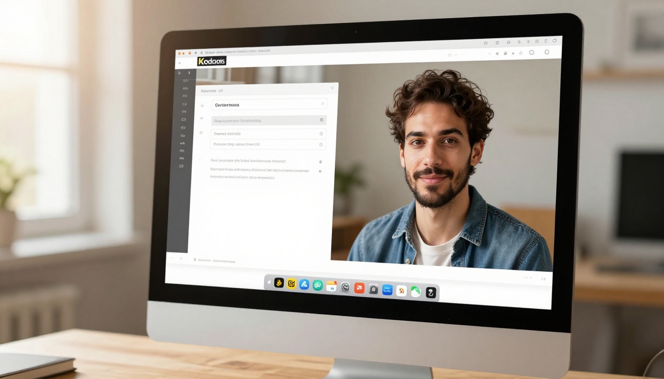 Monitor showing AI image generation web interface with generated portrait on screen