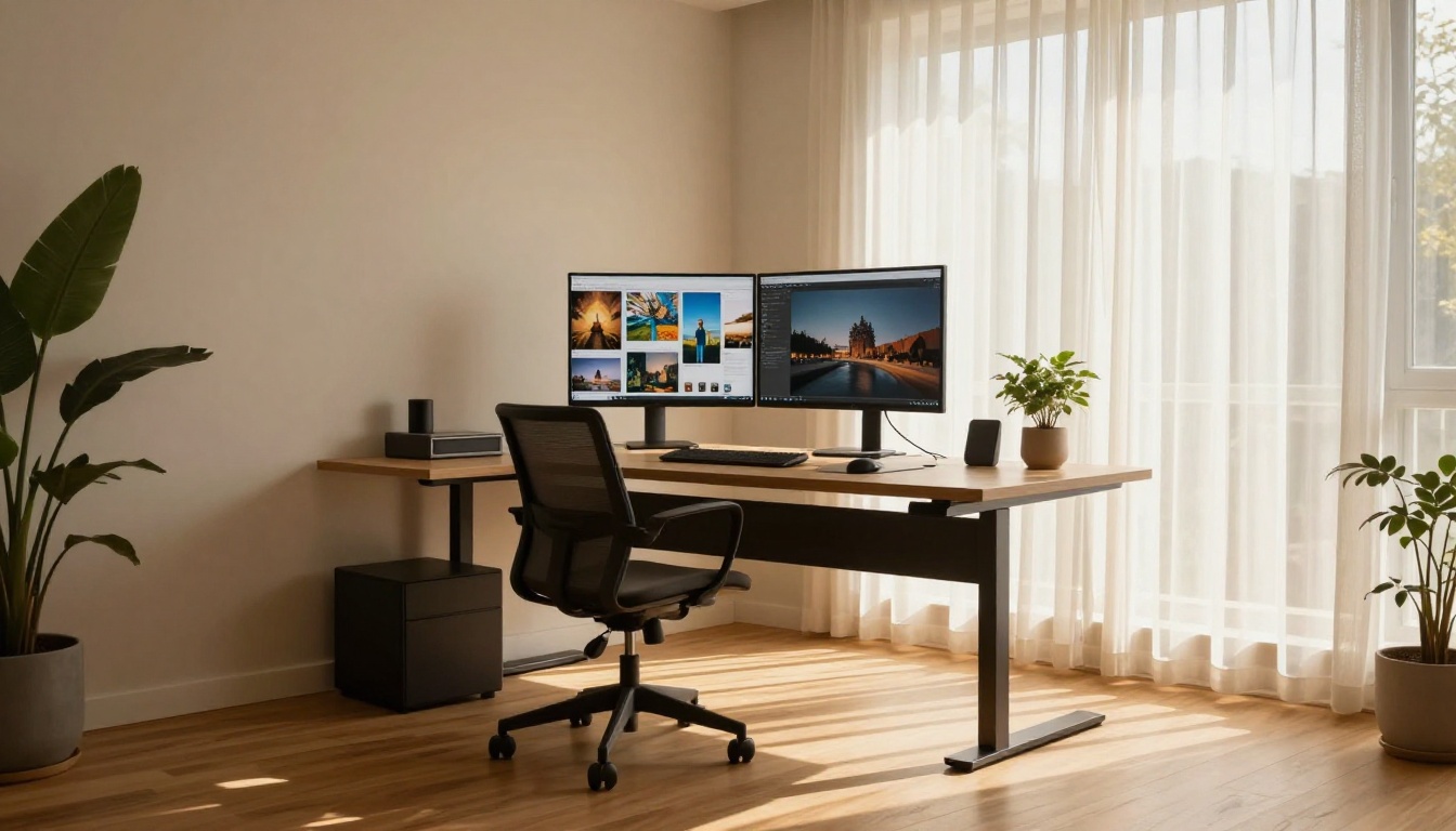 Modern home office with ultrawide monitor displaying AI image gallery, afternoon sunlight
