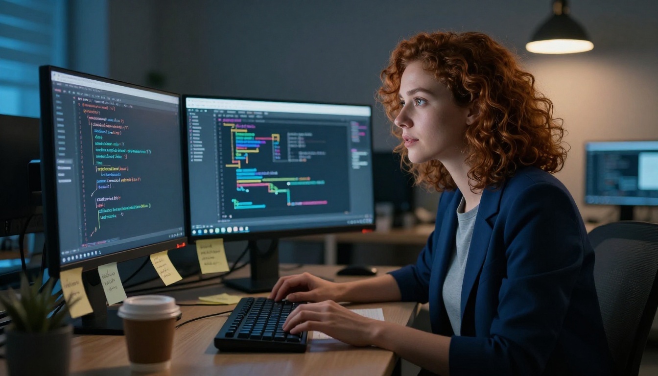 AI researcher studying model architecture on dual monitors
