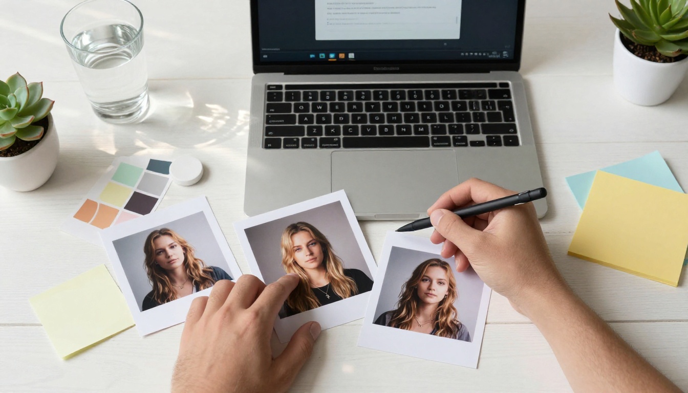 Overhead view of creative workspace with AI image generation outputs scattered on desk