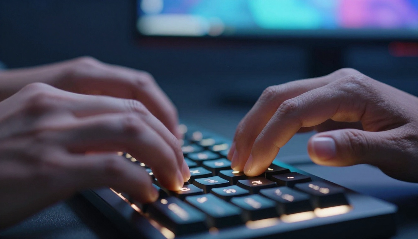 Close-up of hands typing on mechanical keyboard with AI image outputs visible on screen behind