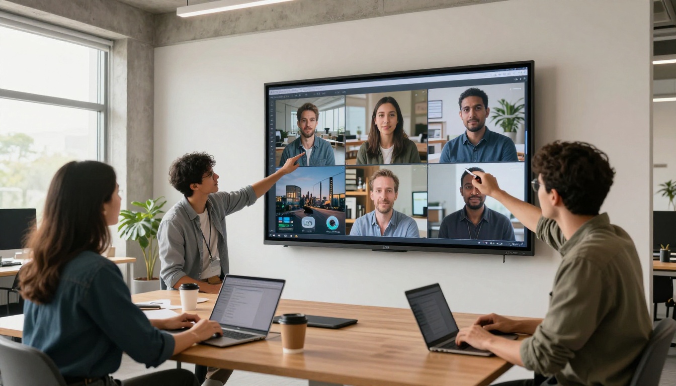 Team of researchers comparing AI-generated image outputs on large display