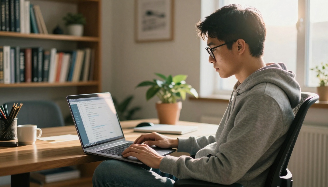 Software engineer studying open-source AI repository on laptop in home office