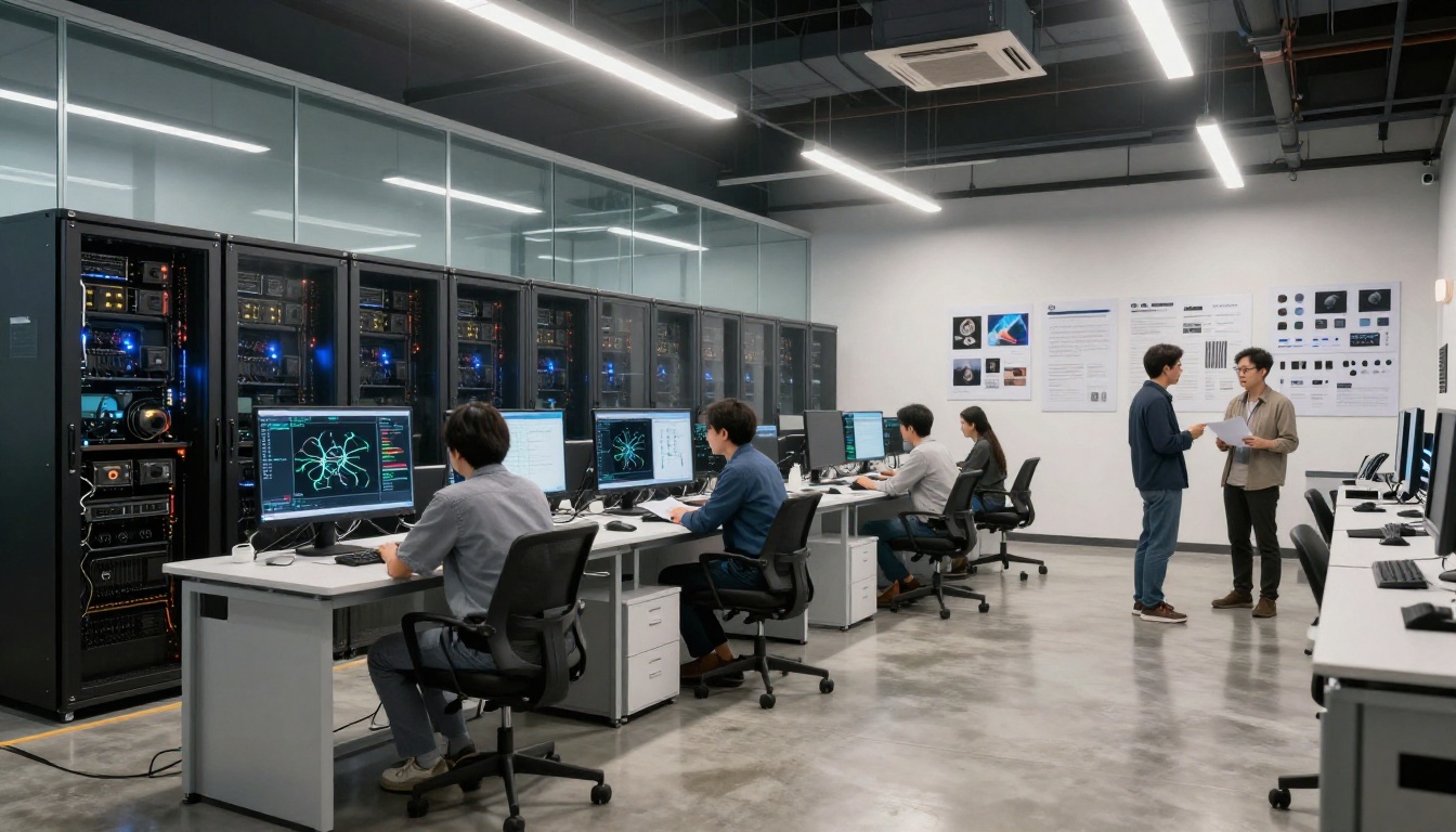 Modern AI research lab with GPU servers and researchers discussing model comparisons