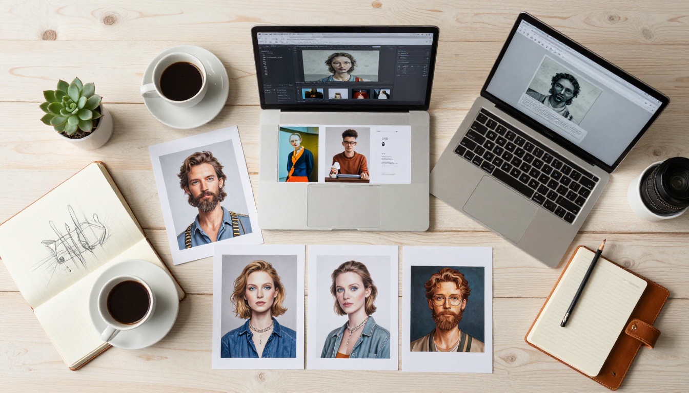 Aerial view of a creative workspace with AI-generated art prints and digital tools