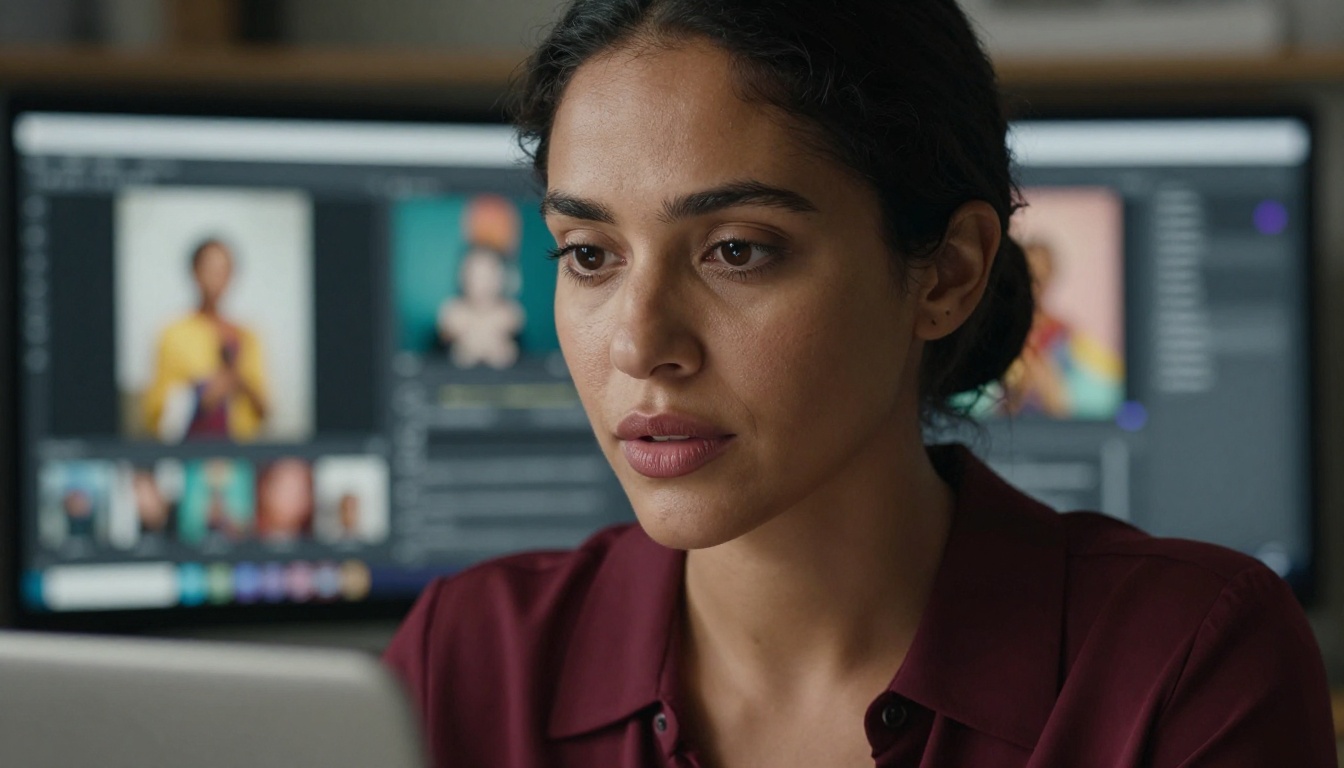 Female professional focused on reviewing AI image outputs at her workstation