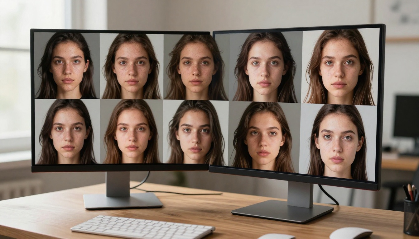 High-resolution monitor displaying AI-generated image quality comparison grid