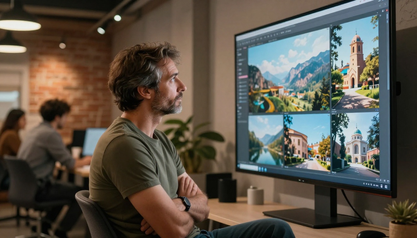 Creative director reviewing an AI-generated image portfolio in a modern co-working space