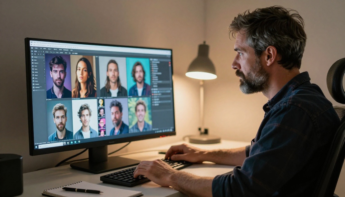 A creative professional reviewing AI-generated image results on a large monitor