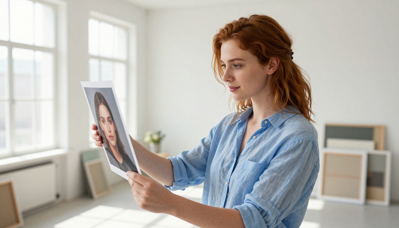 A young woman examining a printed AI-generated portrait in a bright art studio