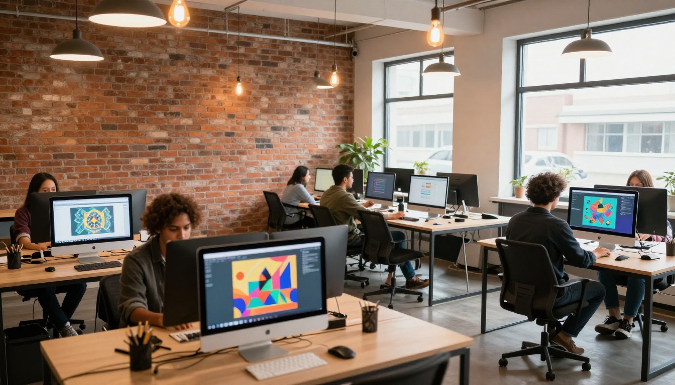 A modern co-working space with creative professionals using AI tools on iMac stations