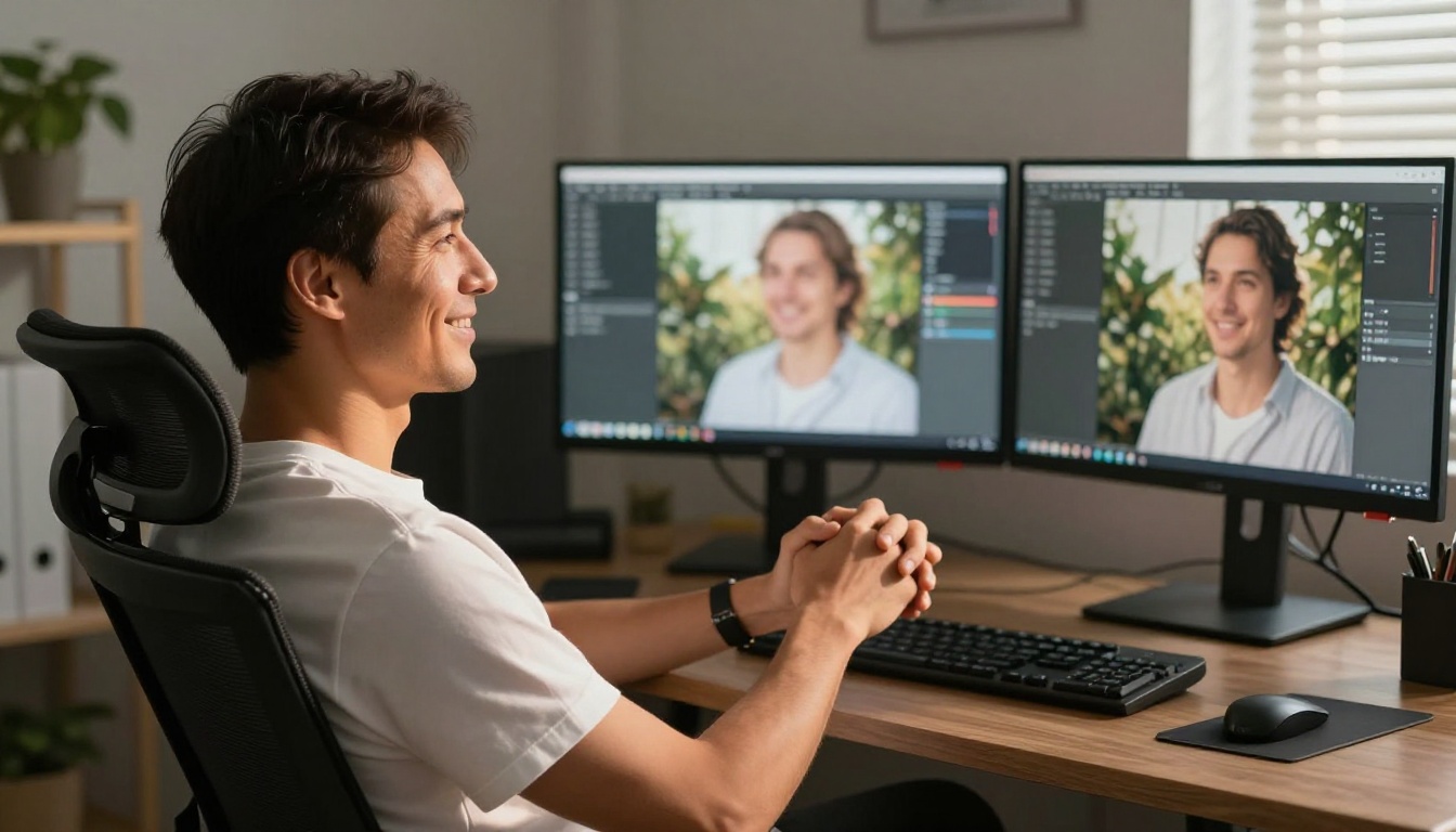A content creator satisfied with AI image results on dual monitors