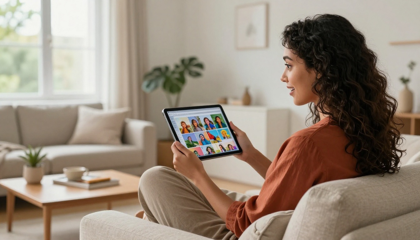 A woman exploring AI image generation on a tablet from her living room sofa