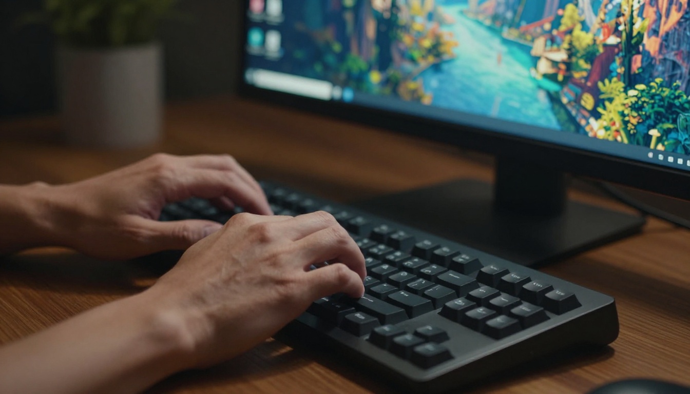 AI creative workspace showing hands typing prompts on a keyboard with AI-generated images displayed on a monitor behind AI creative workspace showing hands typing prompts on a keyboard with AI-generated images displayed on a monitor behind