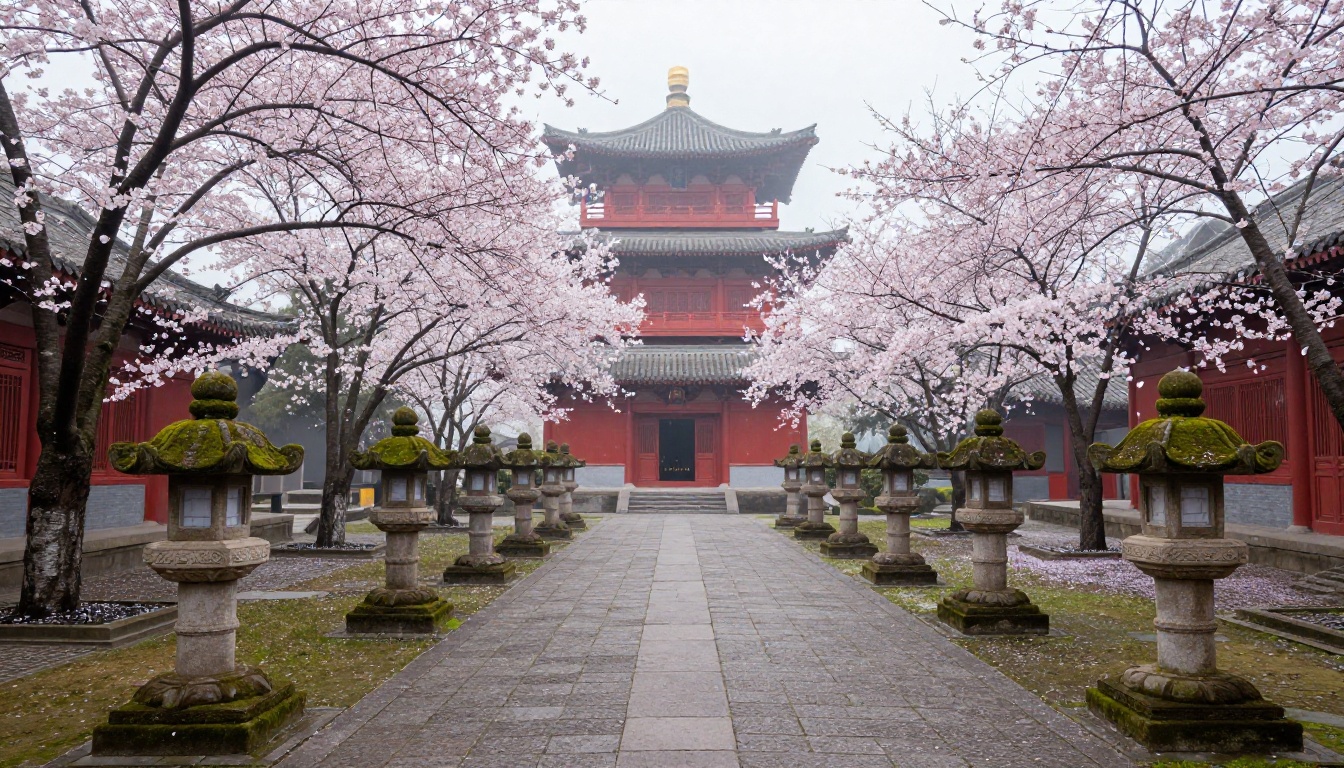 Traditional Chinese temple courtyard at dawn with red pagoda, stone lanterns, and cherry blossom petals falling along a misty stone pathway Traditional Chinese temple courtyard at dawn with red pagoda, stone lanterns, and cherry blossom petals falling along a misty stone pathway