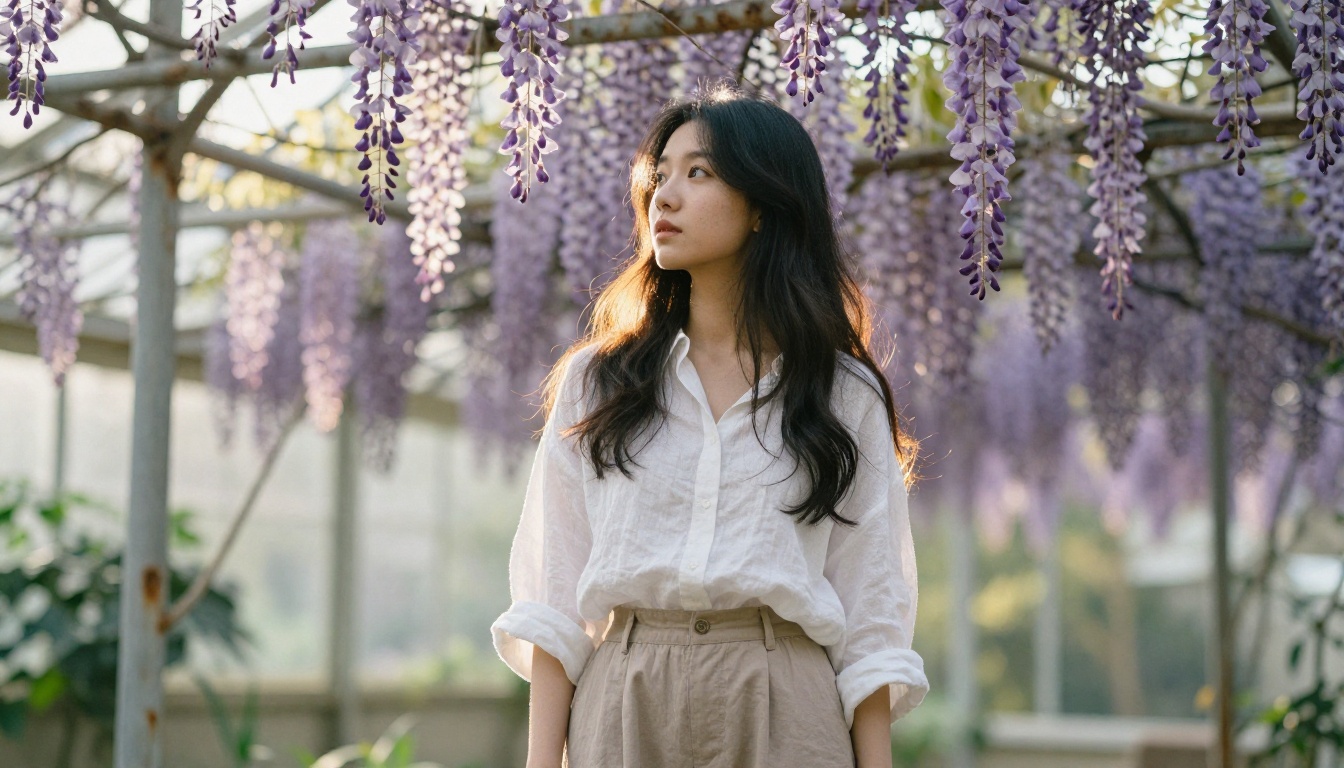 Young East Asian woman with long black hair standing in a sunlit botanical garden greenhouse surrounded by purple wisteria vines Young East Asian woman with long black hair standing in a sunlit botanical garden greenhouse surrounded by purple wisteria vines