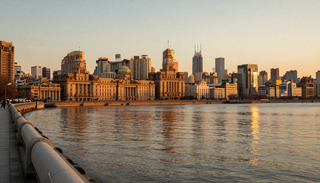 Golden hour panoramic view of Shanghai skyline reflected in the Huangpu River from the Bund waterfront promenade Golden hour panoramic view of Shanghai skyline reflected in the Huangpu River from the Bund waterfront promenade