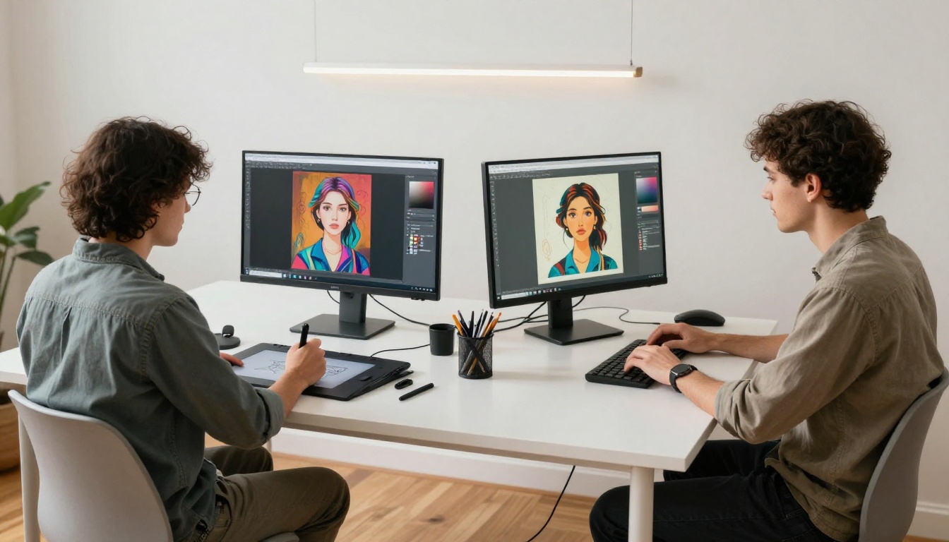 Two creative professionals working side by side at adjacent desks in a modern open-plan studio, one using a drawing tablet and the other typing prompts Two creative professionals working side by side at adjacent desks in a modern open-plan studio, one using a drawing tablet and the other typing prompts