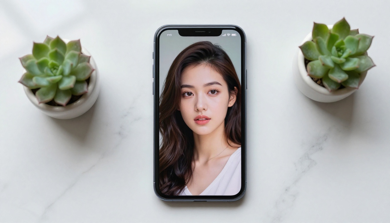 Premium smartphone on white marble surface displaying a vibrant AI-generated portrait on screen, next to a small succulent plant