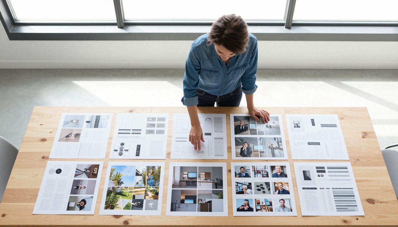 Female graphic designer standing at a large conference table covered in printed AI-generated images and design mockups, reviewing and organizing them