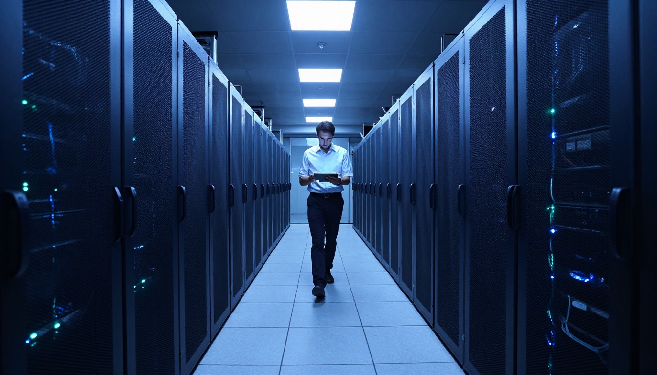 Modern enterprise data center corridor with server racks extending into the background, a technician in a white shirt walking through checking equipment