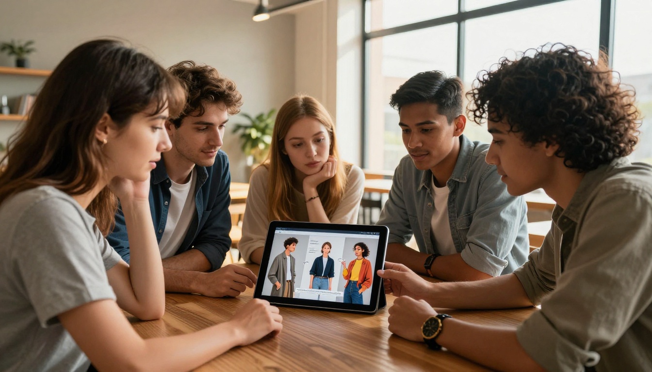 Diverse group of four creative professionals gathered around a tablet showing AI-generated fashion photography images in a bright modern co-working space