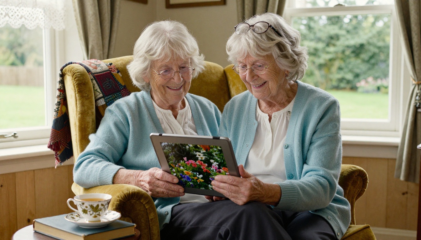 Grandmother smiling at tablet showing generated garden image